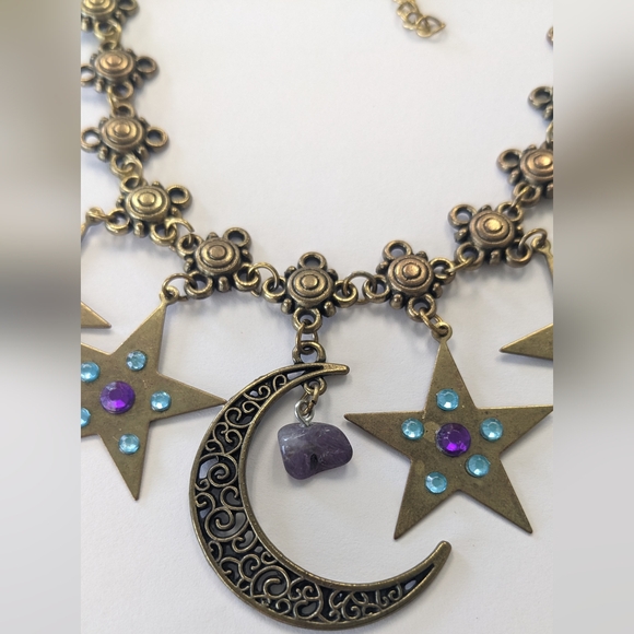 VTG METAL BRONZE/GOLD TONE MOON & STARS NATURAL GEM STONE NECKLACE - Picture 5 of 13